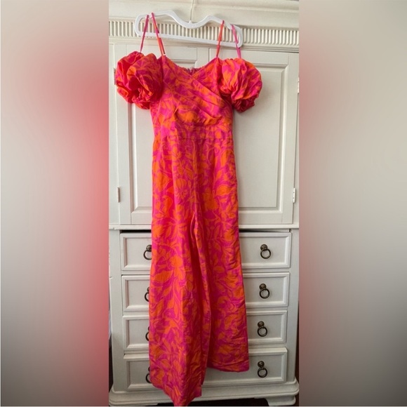 Anthropologie Ranna Gill Off-Shoulder Pink & Orange Wide-Leg Jumpsuit S 4-6 - Picture 7 of 10